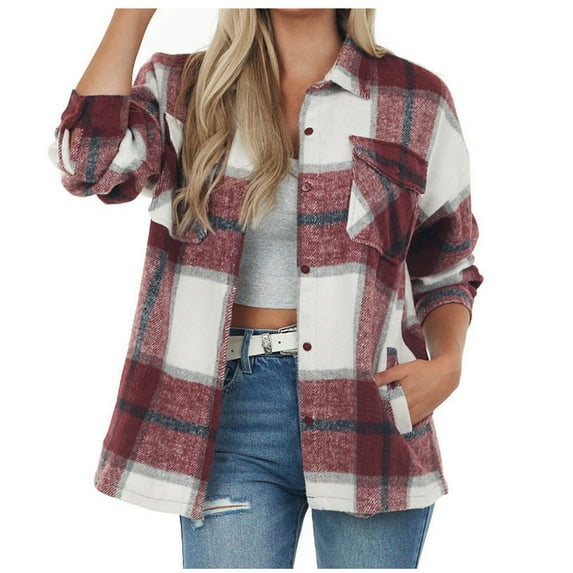 IROINNID Women's Woolen Jacket Long Sleeve Plaid Turndown Lapel Outwear, Leisure Plaid Vintage Lapel Wool Jacket