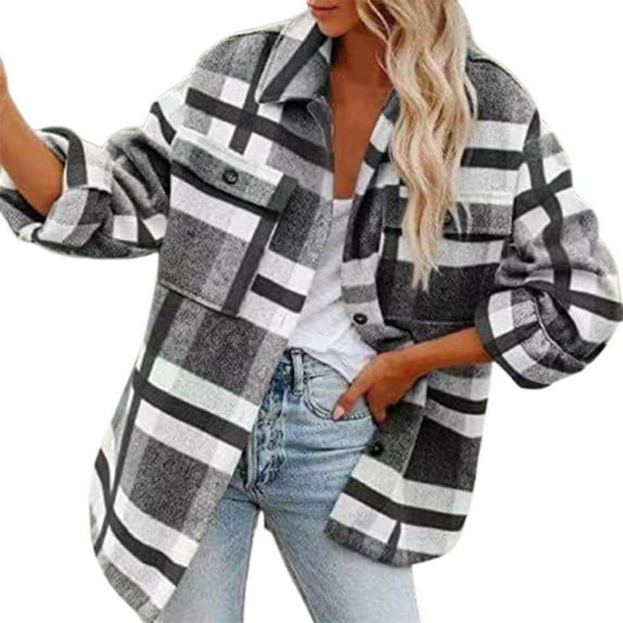 IROINNID Women's Woolen Jacket Turndown Lapel Plaid Long Sleeve Casual Autumn And Winter Plaid Suit Cardigan Woolen Coat Tops, Gray
