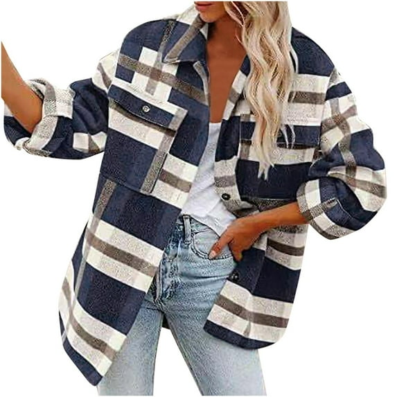 IROINNID Women's Woolen Jacket Turndown Lapel Plaid Long Sleeve Casual Autumn And Winter Plaid Suit Cardigan Woolen Coat Tops, Navy