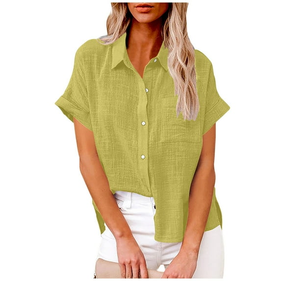 IROINNID Women's Workwear V-Neck Button Up Blouse Short Sleeve Tunic Tops with Pocket,Loose Fits Casual Solid Color Shirt for Office and Clinic Wear(Mint Green#1,)
