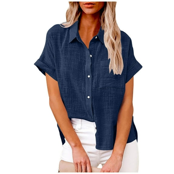 IROINNID Women's Workwear V-Neck Button Up Blouse Short Sleeve Tunic Tops with Pocket,Loose Fits Casual Solid Color Shirt for Office and Clinic Wear(Navy#1,)