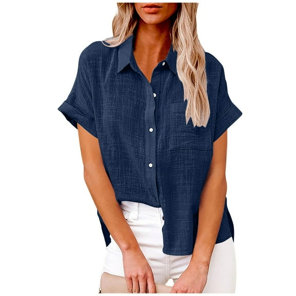 IROINNID Women's Workwear V-Neck Button Up Blouse Short Sleeve Tunic Tops with Pocket,Loose Fits Casual Solid Color Shirt for Office and Clinic Wear(Navy#1,)