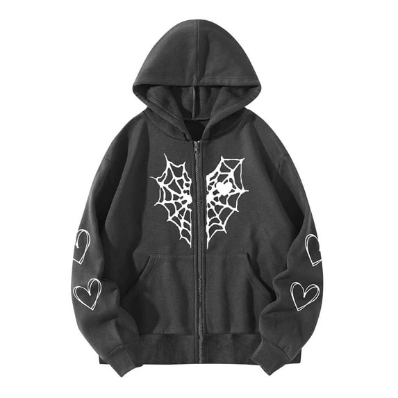 IROINNID Women's Zip Up Coat Long Sleeve Print Hoodie Outwear, Leisure Heart Gothic Style Thermal with Cropped Coat