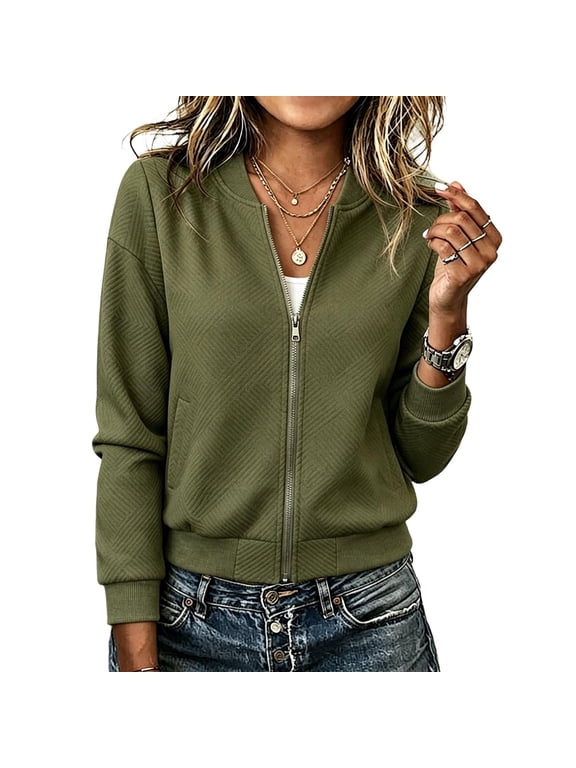 Women's Zip Up Henley Neck Sweatshirt Textured Slim Fit Long Sleeve Bomber Jacket with Ribbed Cuffs for Casual Daily Wear and Layering