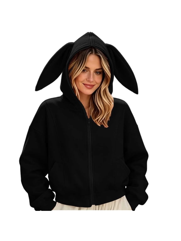 Women's Zip Up Hoodie with Bunny Ears on Hood Front Pockets Long Sleeve Cropped Jacket for Fun Halloween Parties and Casual Daily Wear