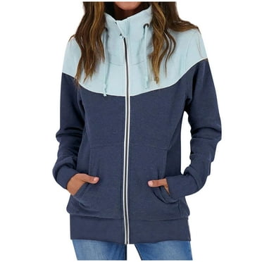 IROINNID Women's Zip Up Jacket Long Sleeve Contrast Color Hoodie Outwear, Comfy Open Front Outerwear Blouse Jacket Pockets Blouse