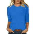 thumbnail image 1 of IROINNID Womens 3/4 Sleeves Shirts Solid Loose Round Neck T-shirt for Work Mid-length Casual Summer Tops for Women S-2XL Blue, 1 of 5