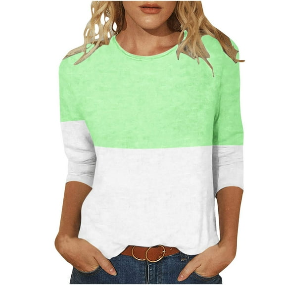 IROINNID Womens 3/4 Sleeves Tops Printed Loose T-shirt Mid-length Blouse Round Neck Home Tops,Mint Green
