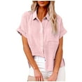 thumbnail image 1 of IROINNID Womens Blouses Short Sleeve Solid Tops Button Down Round Neck Loose Summer Shirt Blouse S-2XL Pink, 1 of 8