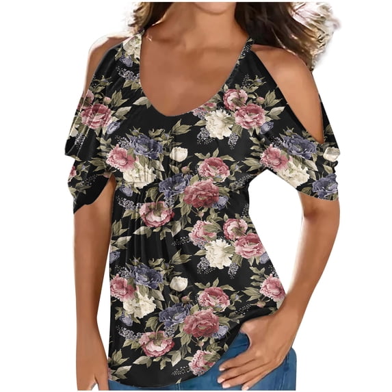 IROINNID Womens Casual Classic Flower Printed Tunic Tops Crewneck Short Sleeve Off Shoulder Blouse