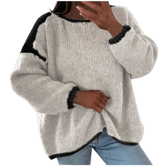 IROINNID Womens Casual Knit Sweater Long Sleeve Round Neck Lightweight Breathable Flowy Non Clingy Comfortable Everyday Top Loose Fit Soft Comfort(Beige#1,XL)