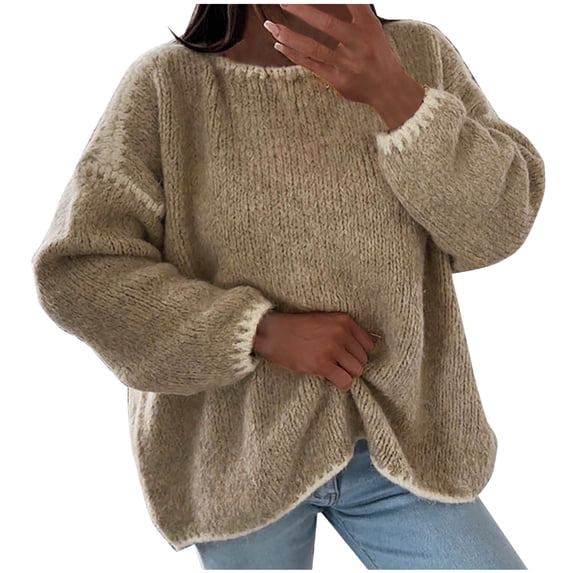 IROINNID Womens Casual Knit Sweater Long Sleeve Round Neck Lightweight Breathable Flowy Non Clingy Comfortable Everyday Top Loose Fit Soft Comfort(Khaki#1,S)