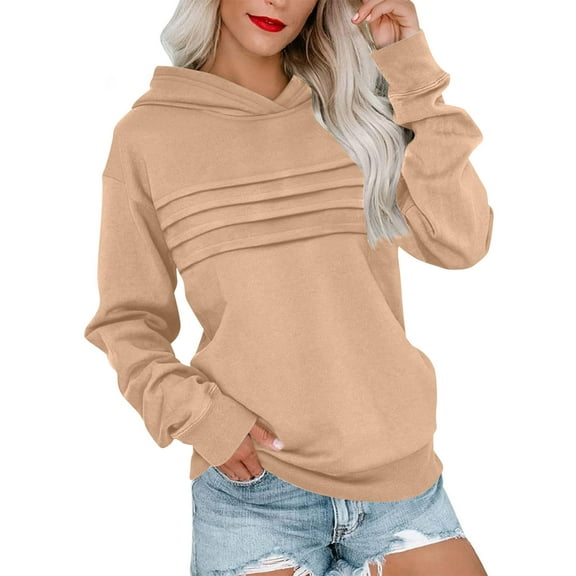 IROINNID Womens Casual Long Sleeve Pleated Hooded Sweatshirt Solid Pullover Top Lightweight Loose Fit Comfortable Fall Fashion Everyday Wear(Khaki,S)