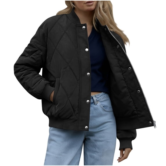 IROINNID Womens Casual Loose Long Sleeve Snap Front Solid Color Fuzzy Coat Quilted Jacket with Pockets Elastic Cuffs Cozy Warm Winter Outerwear for Fall Daily Wear(Black,L)