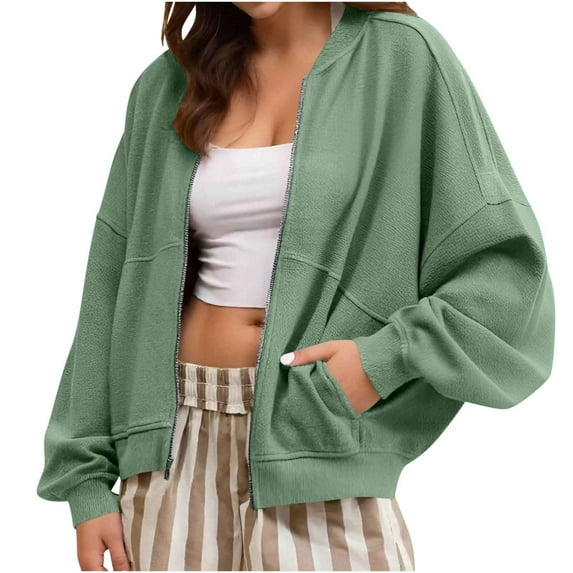 IROINNID Womens Casual Solid Color Zipper Pocket Jacket Long Sleeve Round Neck Sweatshirt Outerwear for Home Daily Wear Comfortable Soft(Green,XL)