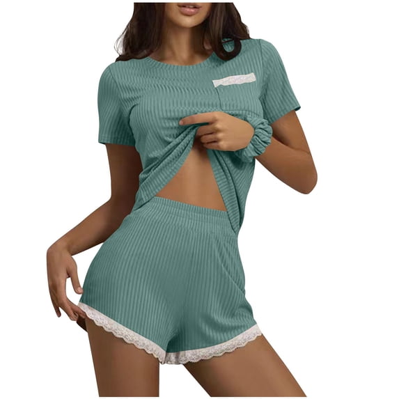 IROINNID Womens Casual Solid Round Neck Short Sleeve T Shirt and Shorts Pajama Set Home Wear Homewear Comfortable All Season Outfit For Party Vacation Spring Summer(Green#1,M)