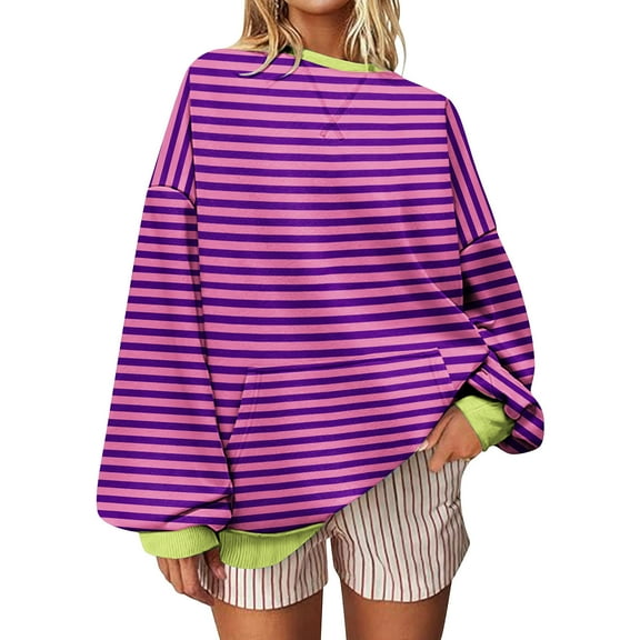 IROINNID Womens Casual Striped Color Block Pullover Sweater Long Sleeve Round Neck Loose Fit Top with Pockets for Fall Spring Daily Wear(Hot Pink,S)