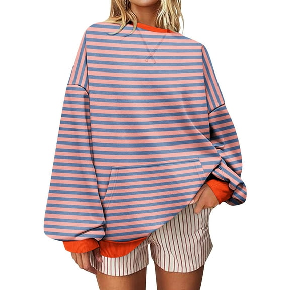 IROINNID Womens Casual Striped Color Block Pullover Sweater Long Sleeve Round Neck Loose Fit Top with Pockets for Fall Spring Daily Wear(Pink,2XL)