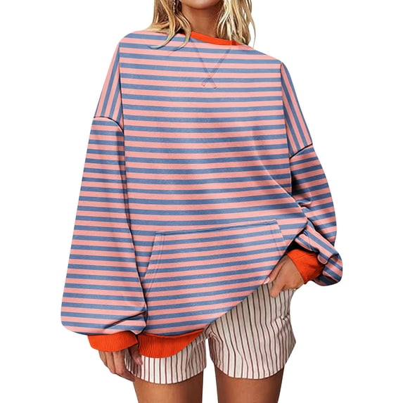 IROINNID Womens Casual Striped Color Block Pullover Sweater Long Sleeve Round Neck Loose Fit Top with Pockets for Fall Spring Daily Wear(Pink,M)