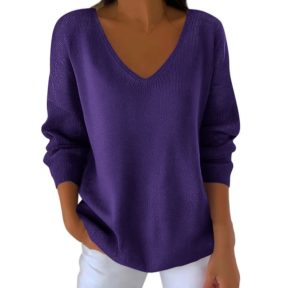 IROINNID Womens Casual V Neck Long Sleeve Top Loose Fit Versatile Blouse Shirt Comfortable Everyday Wear Home Office Basic Soft Fabric(Purple,XXXL)