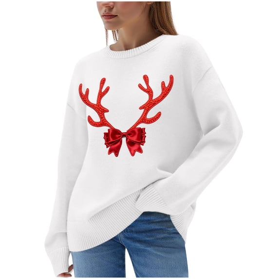 IROINNID Womens Christmas Print Sweater Pullover Long Sleeve Round Neck Casual Fashion Crewneck Blouse Tops for Holiday Party Daily Wear(White,2XL)