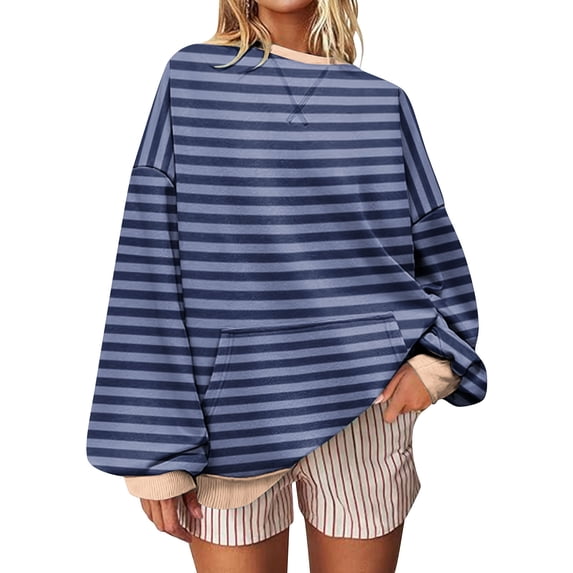 IROINNID Womens Color Block Pullover Sweater Striped Casual Loose Fit Top Long Sleeve Round Neck Pocket Detail Comfortable Soft Fabric Daily Wear Vacation(Navy,L)