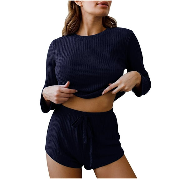 IROINNID Womens Cotton Pajamas Set Pajamas Crewneck Long Sleeve Top+loose Shorts Set For Home Wear,Navy