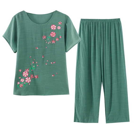 IROINNID Womens Cotton Pajamas Set Two Piece Cotton Silk Round Neck Sleepwear Oversized Flowy Print Shirt with Pants Homewear Set,Green