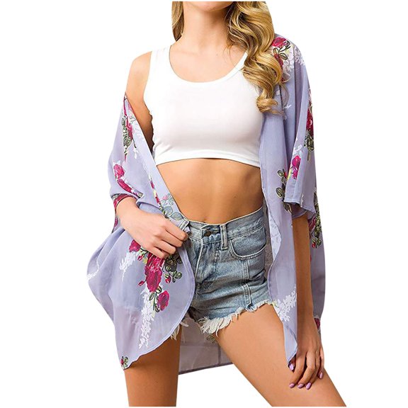 IROINNID Womens Cover Up Cardigan Summer Beach Printed Chiffon Tops Sun Protection Blouses,Purple