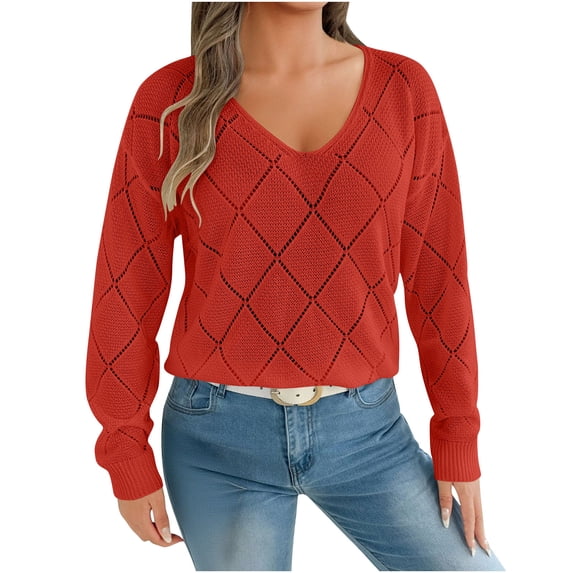 IROINNID Womens Fashion Hollow Out V Neck Sweater Long Sleeve Checkered Knit Tops Casual Comfortable Soft Acrylic Solid Color Fashion Pullover Tops for Daily Wear(Orange,S)