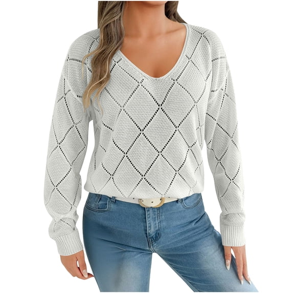 IROINNID Womens Fashion Hollow Out V Neck Sweater Long Sleeve Checkered Knit Tops Casual Comfortable Soft Acrylic Solid Color Fashion Pullover Tops for Daily Wear(White,S)