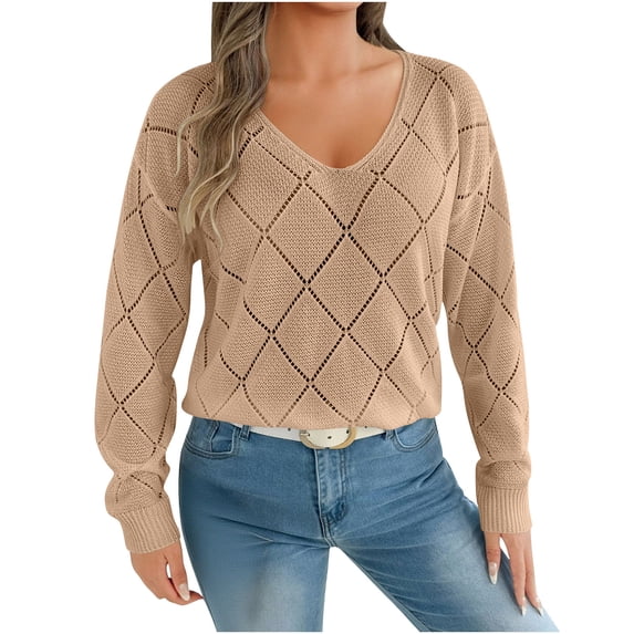 IROINNID Womens Fashion Hollow Out V Neck Sweater Long Sleeve Checkered Knit Tops Casual Comfortable Soft Acrylic Solid Color Fashion Pullover Tops for Daily Wear(Khaki,M)