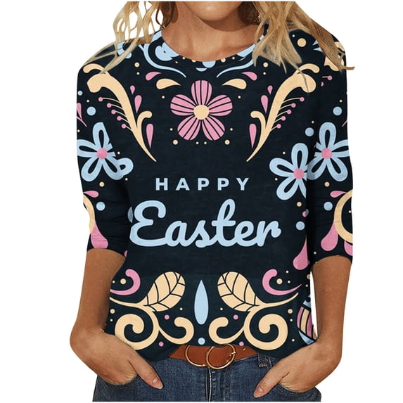 IROINNID Womens Fashion Retro Round Neck Graphic Printed Loose Comfy Tops Blouse Three Quarter Sleeve Spring