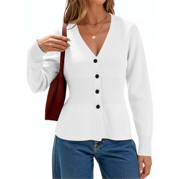IROINNID Womens Fashion V Neck Cardigan Sweater Long Sleeve Elastic Waist Knitted Top Elegant Soft Comfortable Versatile Wardrobe Staple for Casual Outfits(White,S)
