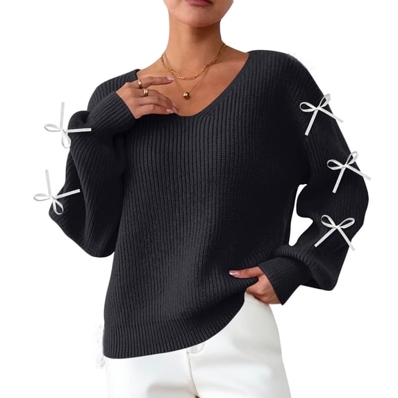 IROINNID Womens Fashion V Neck Pullover Sweater Long Sleeve Casual Fashion Top Ribbon Bow Blouse for Home Daily Wear Comfortable Winter(Black,M)