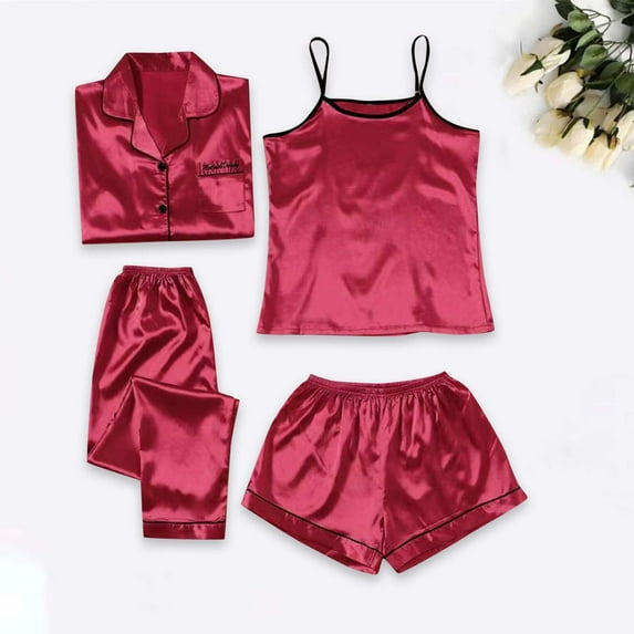 IROINNID Womens Four Piece Sets Pajamas Silk Sleepwear Sleeveless Tops+ Shorts and Button Up Long Sleeve Tops+ Pants Homewear Clothes