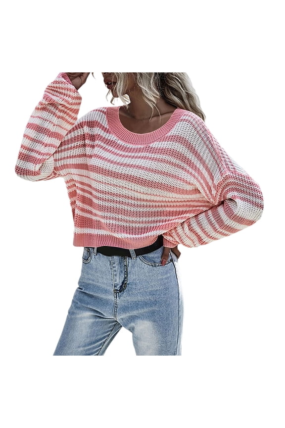Womens Knitted Sweater Long Sleeve High Neck Casual Daily Fashion Top Soft Stretchy Breathable Patchwork Pattern Blouse for Spring Fall Winter(Pink,M)