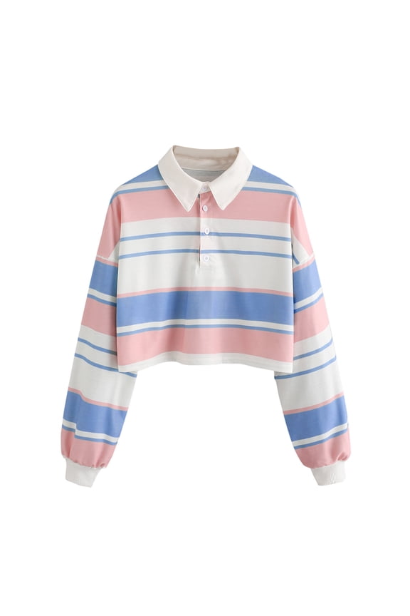 Womens Long Sleeve Crop Shirts Color Stripe Button Pullover Hoodies Sweatshirt Tops Blouse,Light Blue