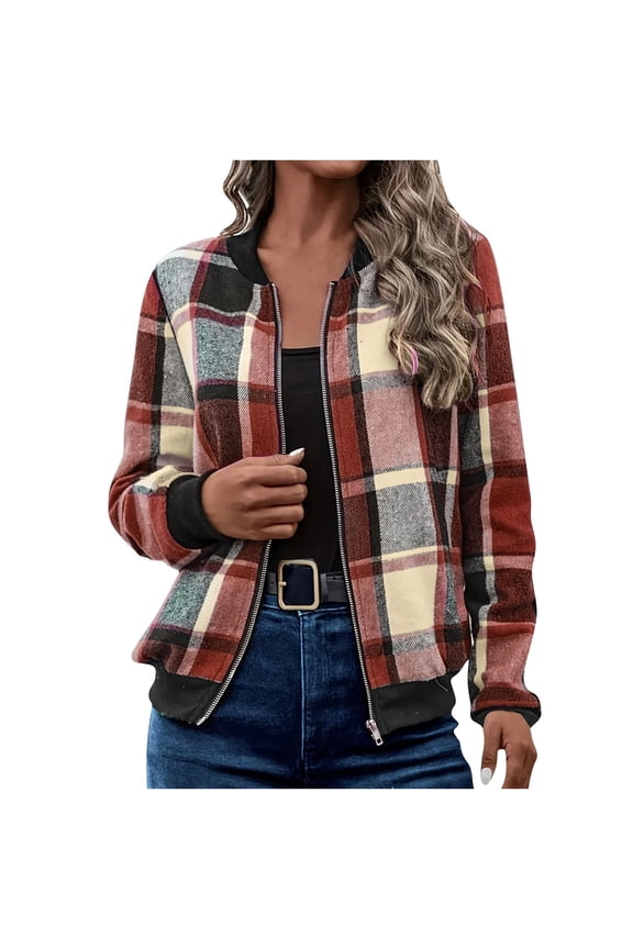 Womens Long Sleeve Round Neck Zipper Lightweight Plaid Jacket Casual Fashion Outerwear for Daily Wear Travel Shopping Street Style Comfortable Fit(Brown,S)