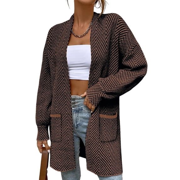 IROINNID Womens Long Sleeve Striped Cardigan Sweater Coat with Pockets Oversized Off Shoulder Casual Knit Tops Long Outerwear for Fall Winter(Brown,L)