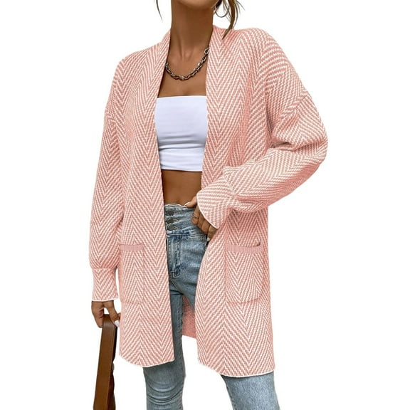 IROINNID Womens Long Sleeve Striped Cardigan Sweater Coat with Pockets Oversized Off Shoulder Casual Knit Tops Long Outerwear for Fall Winter(Pink,M)