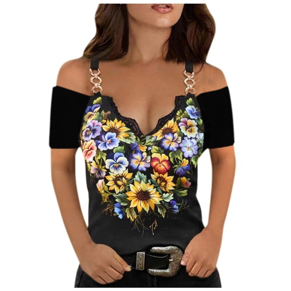 IROINNID Womens Long Sleeve Tops Broken Floral Printed Loose V-Neck Short Sleeve Tunic Shirt Blouse Tops,Yellow