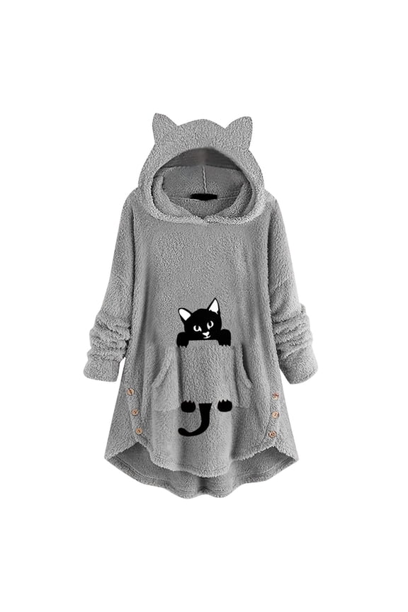 Womens Long Sleeve Tops Long Hoodie Dress Cute Pattern Winter Cat Ear Fleece Fuzzy Hooded Blanket Dress Plush Tops For Teen Girls,Gray