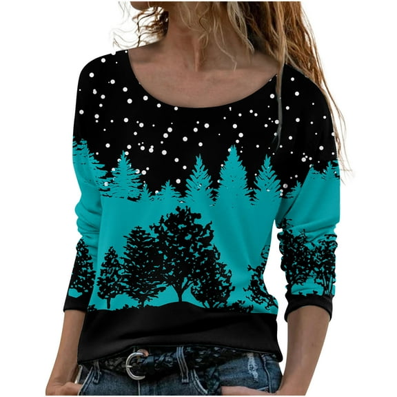 IROINNID Womens Long Sleeve Tops Home Printing Round Neck Loose T-Shirt Autumn Blouse Pullover Tops,Sky Blue