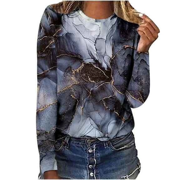 IROINNID Womens Long Sleeve Tops Home Round Neck Printed Top T-Shirt Blouse,Gray