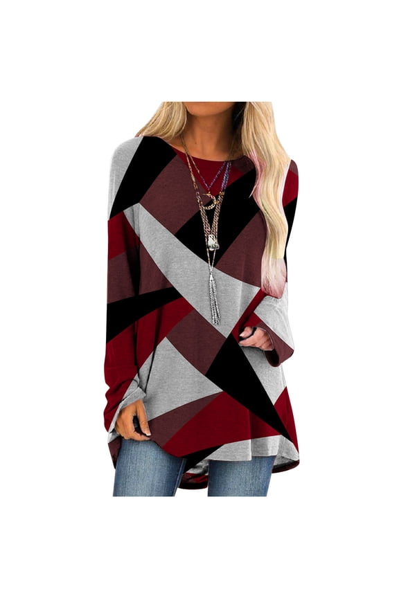 Womens Long Sleeve Tops Home Socket Geometry Printed Round-Neck Tops,Wine