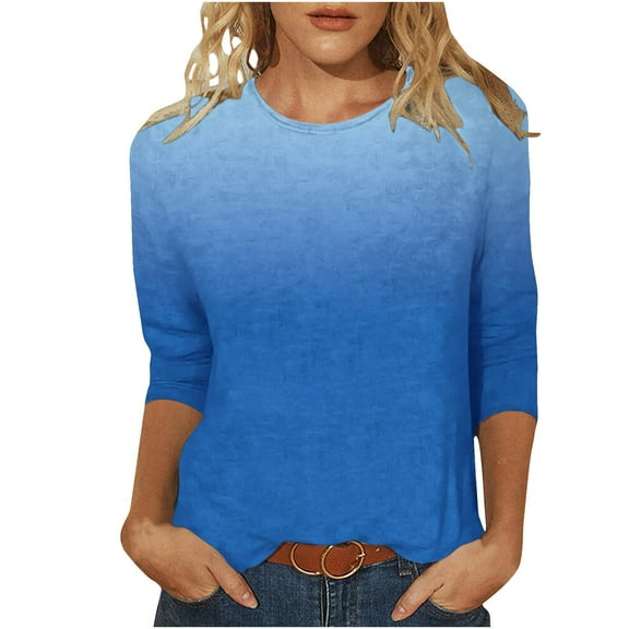 IROINNID Womens Long Sleeve Tops Printed Loose T-shirt 3/4 Sleeves Blouse Round Neck Home Tops,Sky Blue