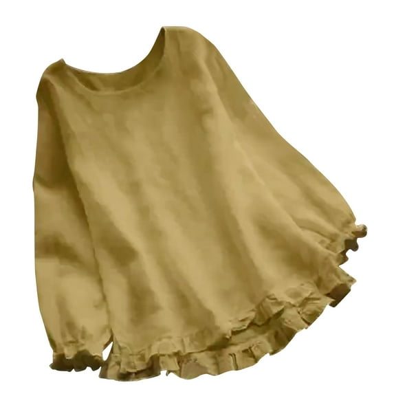 IROINNID Womens Long Sleeve Tops Solid Color Blouse Round Neck Side Of Fungus Home Tops,Yellow