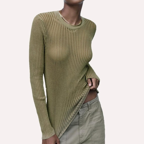 IROINNID Womens Long Sleeve Tops Solid Color Long-sleeved Pitted Round Neck Breathable Knitted Hollow Blouse Sweater,Olive Green