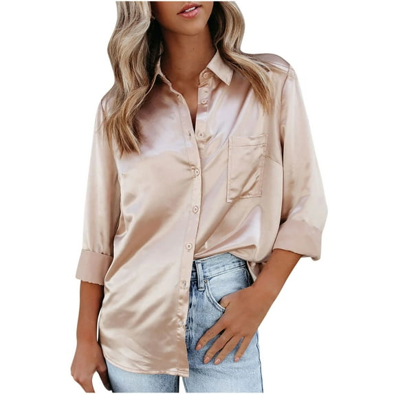 IROINNID Womens Long Sleeve V-Neck Shirts Loose Home Solid Turn Down Collar Home Blouse T-shirt Tops,Khaki